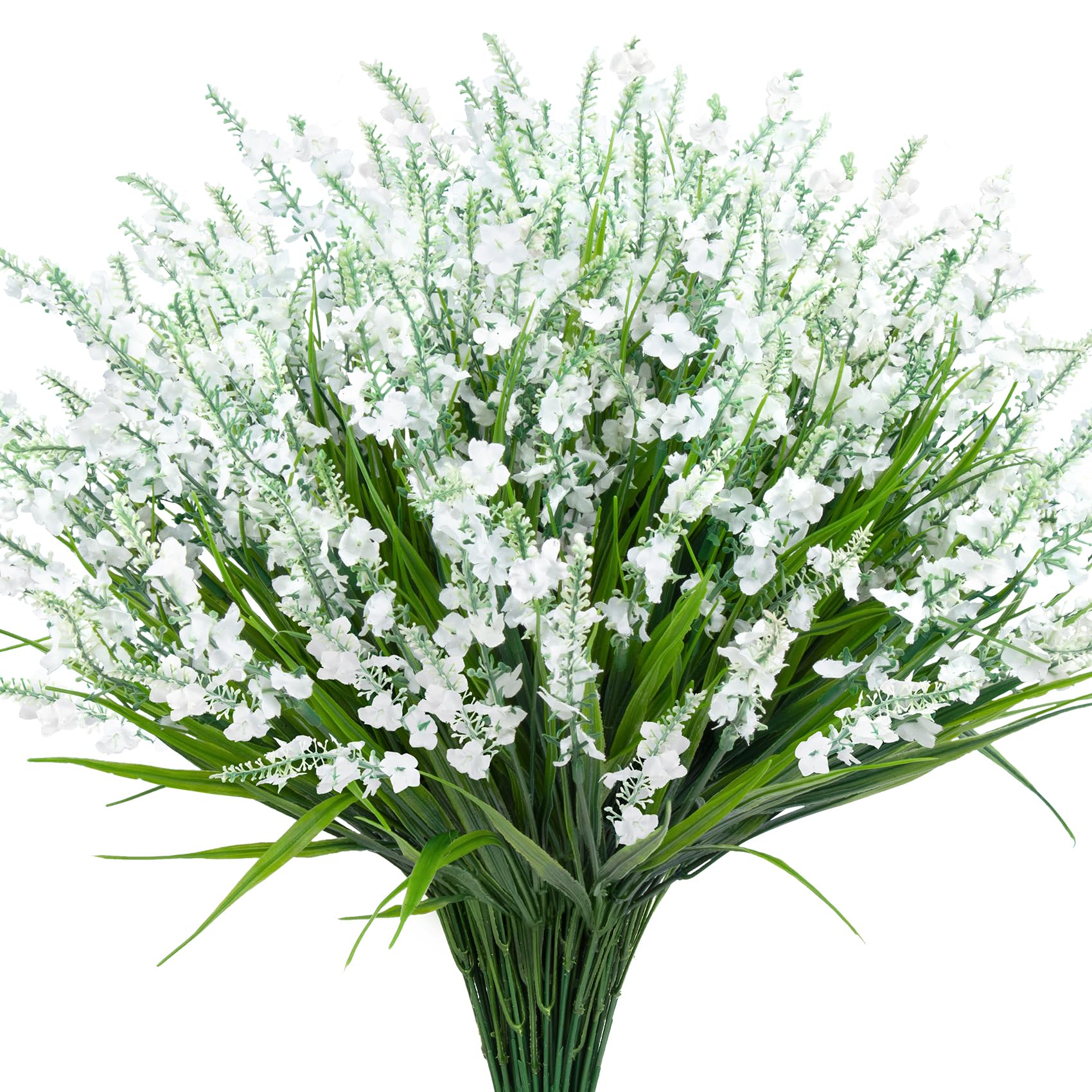 Besteek 20 Bundles Artificial Lavender Flowers for Outdoors Fake Silk Flowers Faux Plants UV Resistant for Indoor Outside Spring Porch Garden Window Table Box Office Home Decorations, White