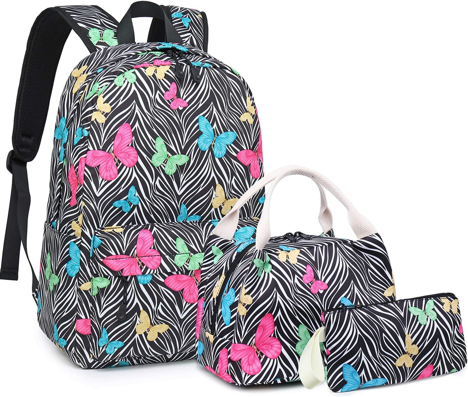 School Backpack Teens Girls School Bag Set 3 in 1 Butterfly Printed 14 inch Laptop Bookbags Water Resistant Travel Casual Daypack