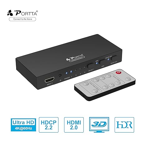 Portta HDMI Switch 4K@60HZ 4x1 Umschalter mit Audio Extraktor Toslink SPDIF Optical Coaxial Stereo & ARC, Splitter HDMI Switc