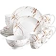 LOVECASA White Dinnerware Sets for 4, 16 Piece Porcelain Dish Set Plates and Bowls Sets, Gold Splash Glaze Ceramic Dinner Set with Mugs, Dishwasher Microwave Safe