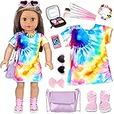 13 Pcs American 18 Inch Doll Accessories and Clothes, Doll Makeup Accessories Set Include Makeup Brush, Eye Shadow,Necklace, Shoulder Bag, Dress,Shoes,Bow Knot Hairpin(No Dolls)