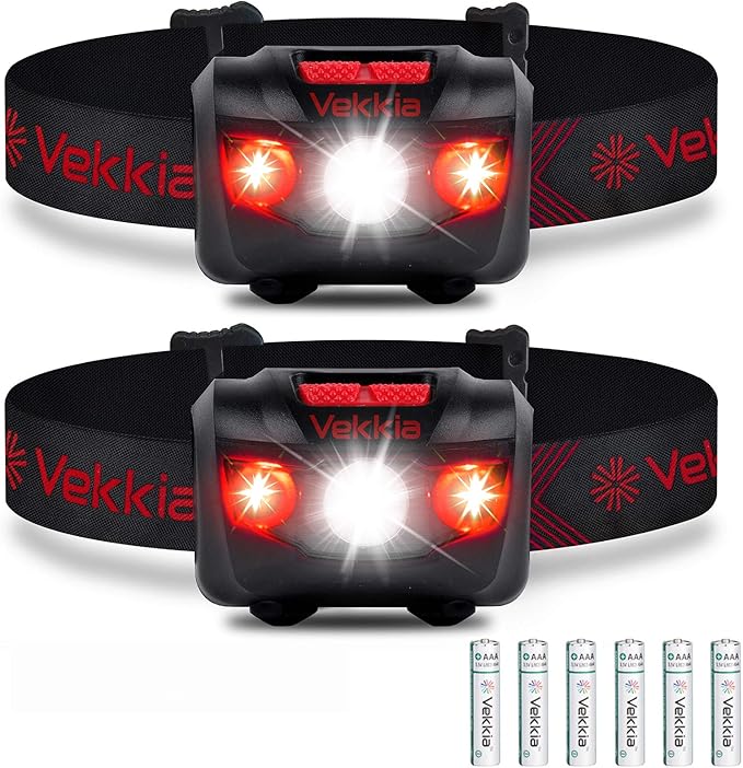 Vekkia Ultra Bright LED Headlamp Flashlight (2 Pack), White and Red