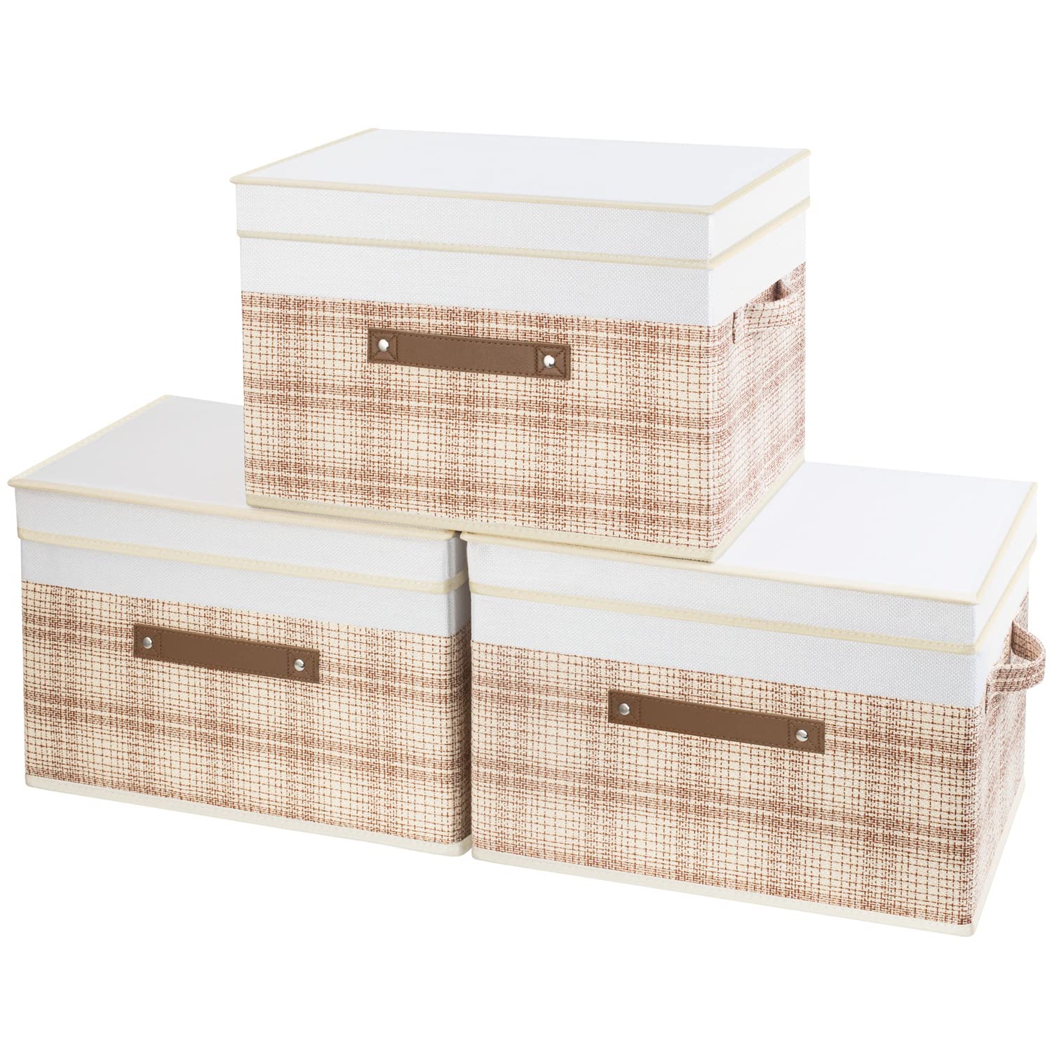 TYEERS Collapsible Storage Box with Lid, Patchwork Design, Decorative, Fabric Storage Box for Clothes, Wardrobe Storage, 38x25x25 cm, Set of 3, Camel Tan — image 1