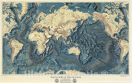 Wall Map World Ocean Floors And Land Relief 1976 Vintage Wall Art 44in X 28in