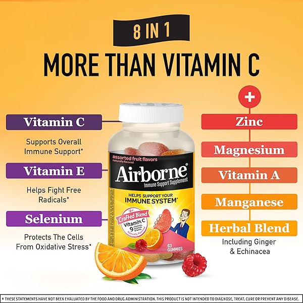AIRBORNE 750MG VITAMIN C GUMMIES FOR ADULTS, IMMUNE SUPPORT GUMMIES WITH POWERFUL ANTIOXIDANTS VIT C & E, CAFFEINE FREE – 2X63CT BOTTLE (42 SERVINGS), ASSORTED FRUIT FLAVOR
