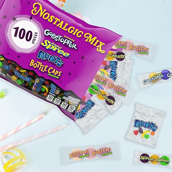 WONKA GOBSTOPPERS, SPREE, RUNTS, BOTTLECAPS, NOSTALGIC CANDY ASSORTMENT, PARTY MIX, HARD CANDY, 36.5 OZ, 100 COUNT