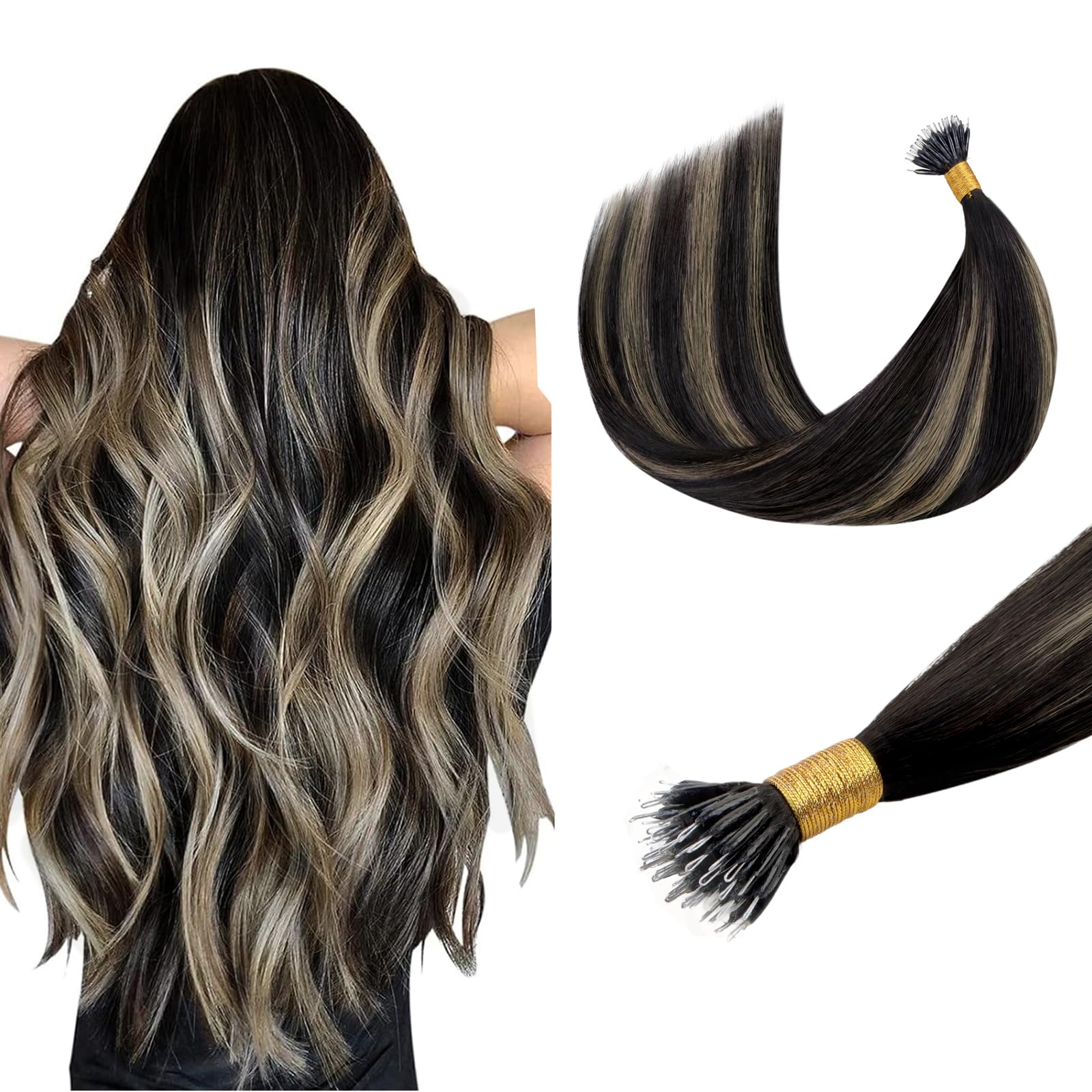 DOORES Nano Hair Extensions Real Human Hair, Balayage Natural Black to Light Blonde 22 Inch 50g 50s, Natural Remy Nano Ring Hair Extensions Cold Fusion โ image 1
