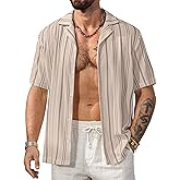 Herberton Mens Summer Striped Shirts Casual Cuban Shirt Texture Button Down Shirts for Beach Vacation (S-XXL)