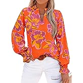 MASCOMODA Womens V Neck Floral Long Sleeve Tops 2026 Summer Casual Loose Puff Sleeve Chiffon Boho Work Blouse Dressy T Shirts