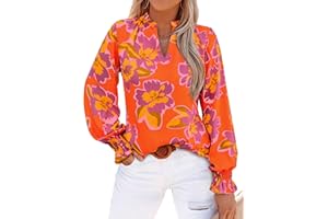 MASCOMODA Womens V Neck Floral Long Sleeve Tops 2025 Summer Casual Loose Puff Sleeve Chiffon Boho Work Blouse Dressy T Shirts