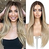 ENCOUNTERU Wear and Go Glueless Wig Dirty Blonde Synthetic Lace Front Wigs for Women Pre Plucked Pre Cut Ombre Blonde Wig with Bangs 13x5x1 HD Lace Middle Part Layered Wig 26 Inch