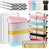 LemonRoad 600 Pcs Mini Loaf Pans with Lids Spoons Sealing Sticker Small Cake Baking Pans Disposable Aluminum Foil Cupcake Baking Cups for Baby Shower Party (Rectangle,Mixed Color)
