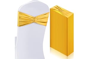 Hahafelt 50 Pcs Chair Sashes Shiny Bow Spandex Bands for Chair Wedding Banquet Parties Reception Restaurant Decoration (Gold)