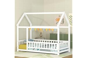 Bellemave Twin Size House Floor Bed,Wooden Montessori Bed with Fence and Roof for Kids,Twin Bed Frame for Boys,Girls(Twin,White)