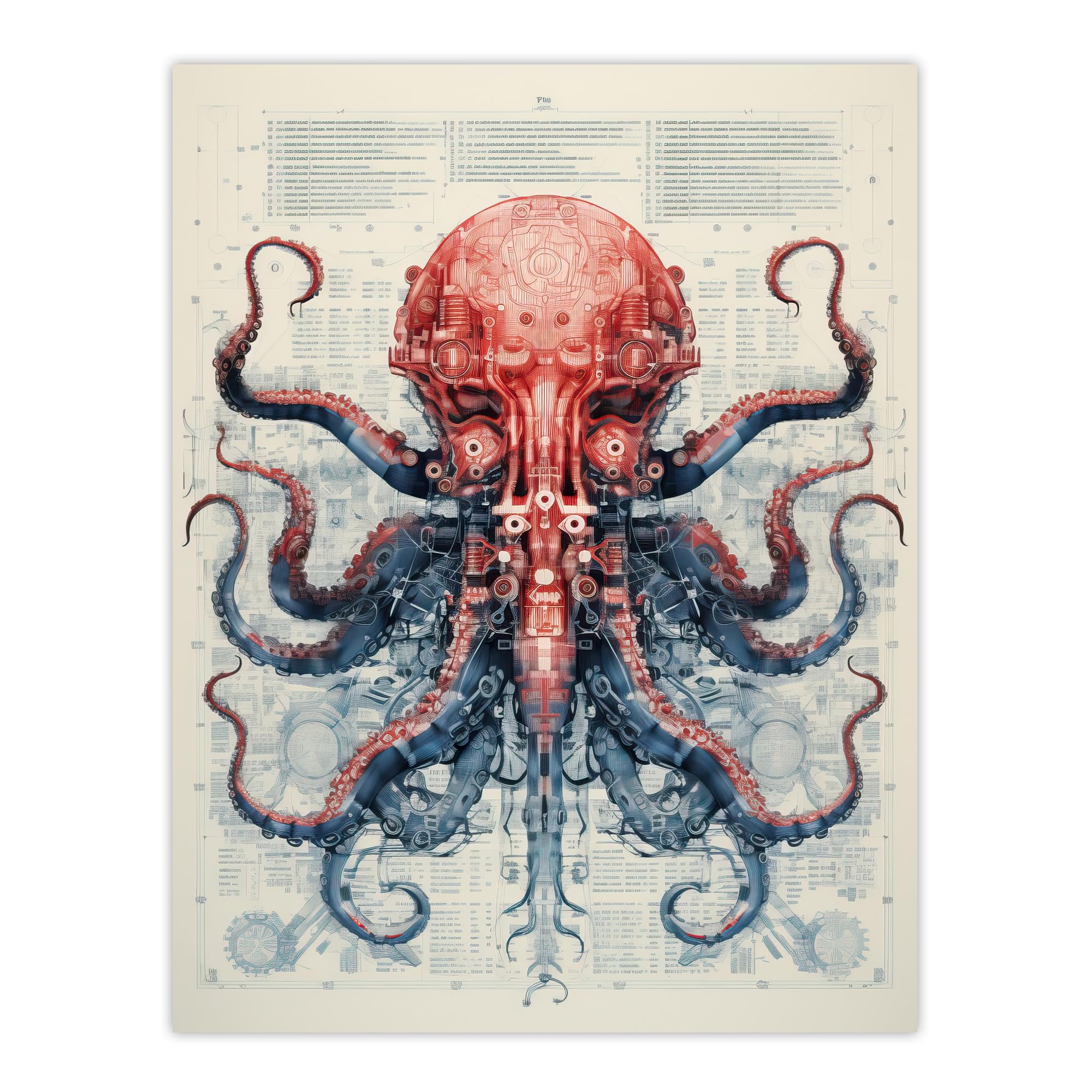 Artery8 Red Octopus Robot Hybrid Secret Military Schematic Blueprint Futuristic Complex Arcane Manuscript Gift For Him Man Cave Extra Large XL Wall Art Poster Print