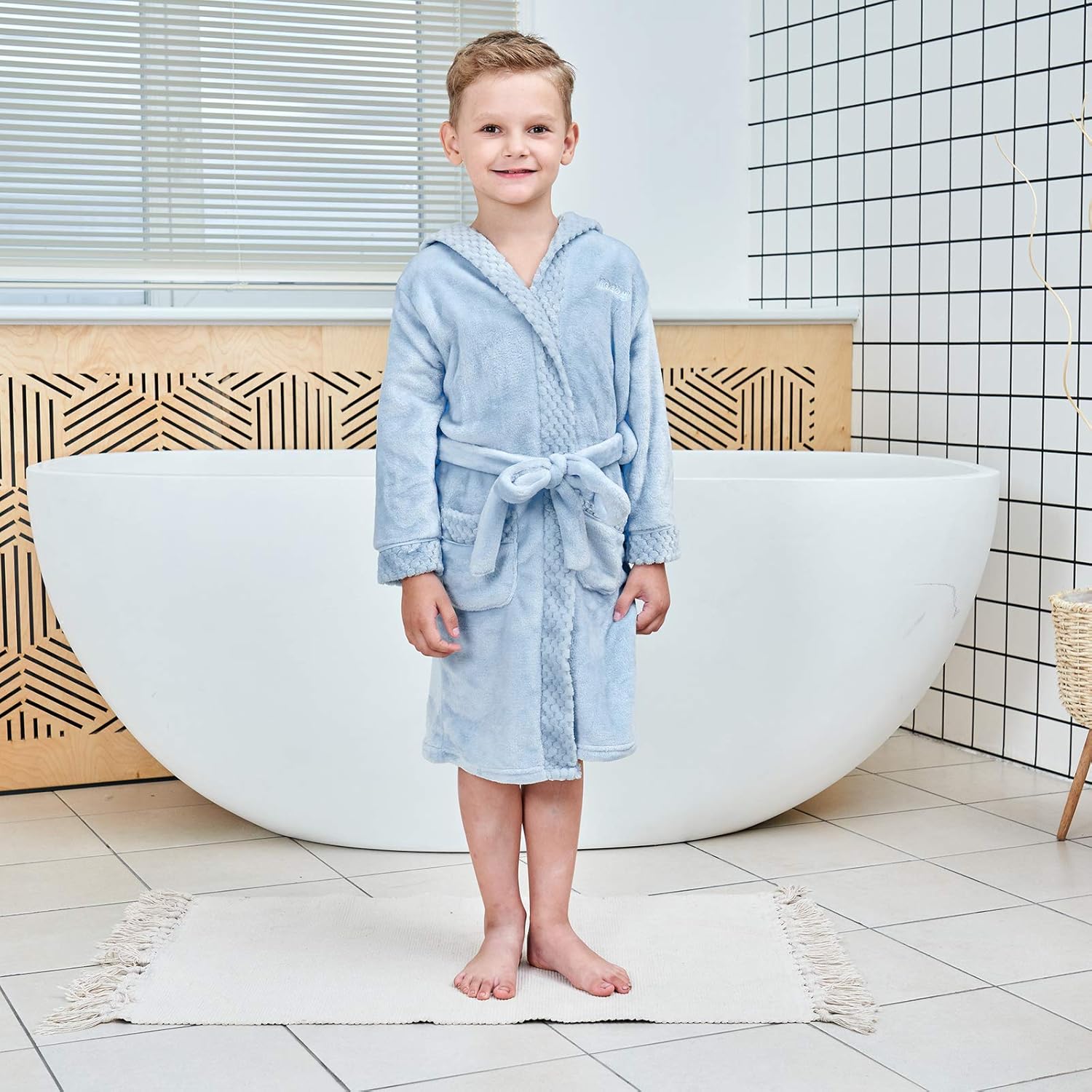 Boys Girls Robe Soft Hooded Flannel Bathrobes for Kids with Silk Eye Sleep Mask Size 4-12: Clothing