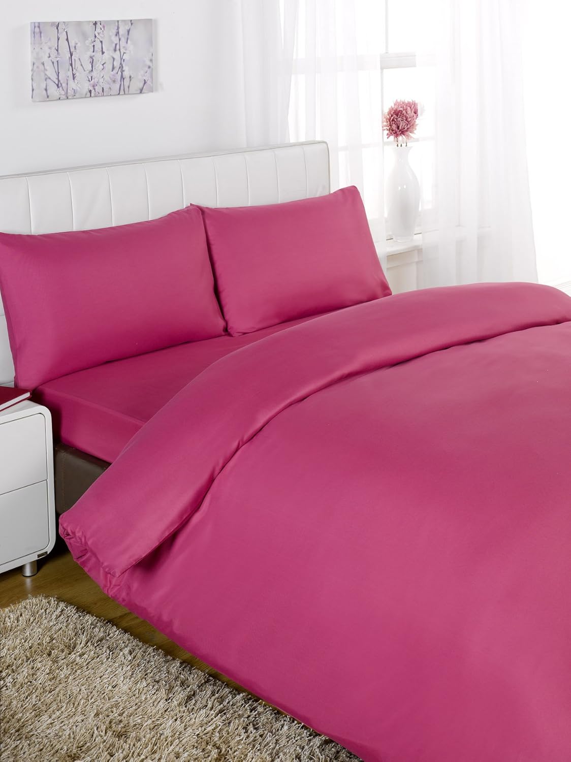 Duvet Quilt Cover & Pillow Case Bed Set Plain Bright Pink Double