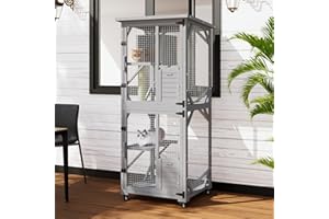 LEMBERI 71" Cat House Outdoor Catio Cat Enclosures on Wheels, Large Outside Patio Wooden Cat Cage Resting Box,Scratching Post, Waterproof Roof (Gray)