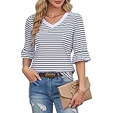 LilyCoco Striped Shirt Women Ruffle 3/4 Sleeve Casual V Neck T Shirts