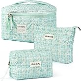 Lodmemo Makeup Bag 3 PCS Quilted Cosmetic Bags for Women, Large Travel Make up Bag Set Cute Cotton Toiletry Bag Organizer Pouch for Purse, Green