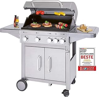 Profi Cook PC-GG 1181 Gasgrill inkl. Temperaturanzeige, Brenner + zusätzliche Kochstelle (4+1), 4 Heizzonen für indiv. Temperatursteuerung, großer Stauraum für 5 kg-Gasflaschen, Edelstahl, Silber