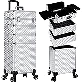 AROUS Rolling Makeup Train Case 4 in 1 Cosmetology Case on Wheels Large Storage Cosmetic Trolley with Key Salon Barber Case Traveling Cart Trunk, Silver