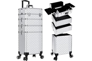 AROUS Rolling Makeup Train Case 4 in 1 Cosmetology Case on Wheels Large Storage Cosmetic Trolley with Key Salon Barber Case Traveling Cart Trunk, Silver