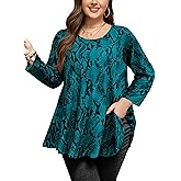 Womens Tops - Plus Size Tunics 3/4 Sleeve Loose Fit Dressy Casual Long Swing Flowy Lady Blouses Shirts Wear with Leggings Teals Blue Clothing