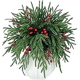 Kesywale Set of 40 Artificial Norfolk Pine Branches with Red Berry 12.8" Christmas Greenery Picks Fake Norfolk Pine Stems Tree Needle Sprigs for Vase Filler DIY Craft Garland Home Decorations (Green)