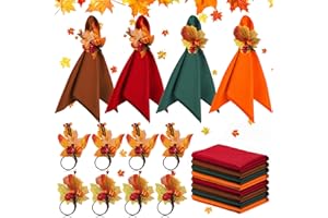 EBOOT 16 Pcs Fall Thanksgiving Napkin Ring Set 8 Pcs Napkin Rings and 8 Pcs Washable Thanksgiving Dinner Napkins for Fall Party Holiday Kitchen Table Decoration for Autumn Party Supplies (Plant)