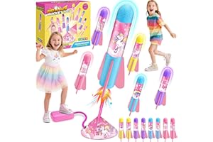 Notique 3 4 5 6 7 Year Old Girl Gifts, Unicorn Rocket Outdoor Toys for Girls Rocket Launcher with 8 Air Rockets Kids Girls To