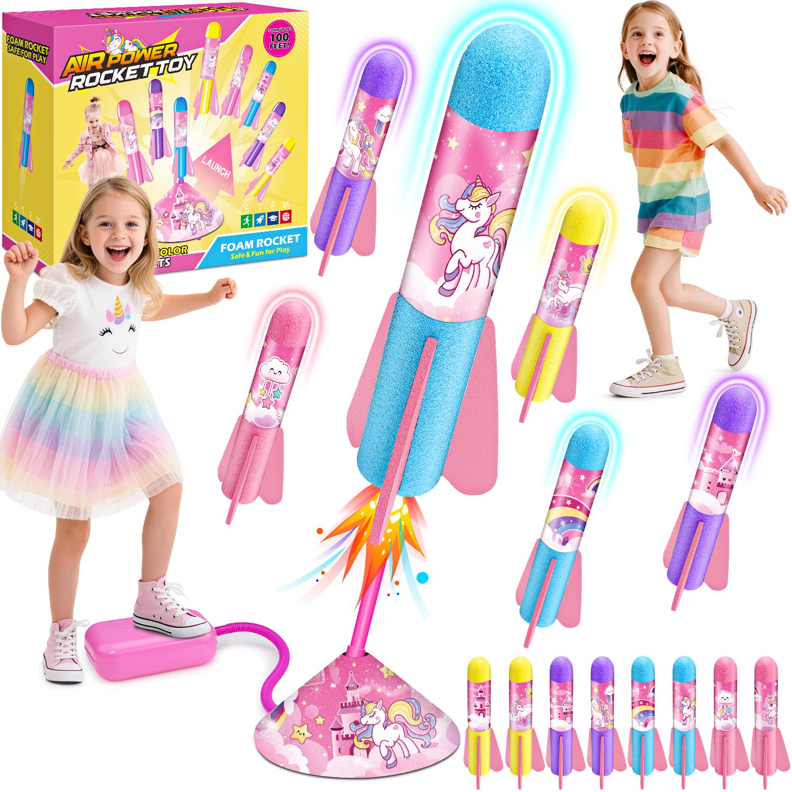 Anginne Unicorn Jump Rocket Toy for Kids 3-12, 8 Foam Rockets Outdoor Space Toys Garden Game, Jump to Launch Air Blaster Toy for Girls Age 3 4 5 6 7 8-12 Birthday Presents