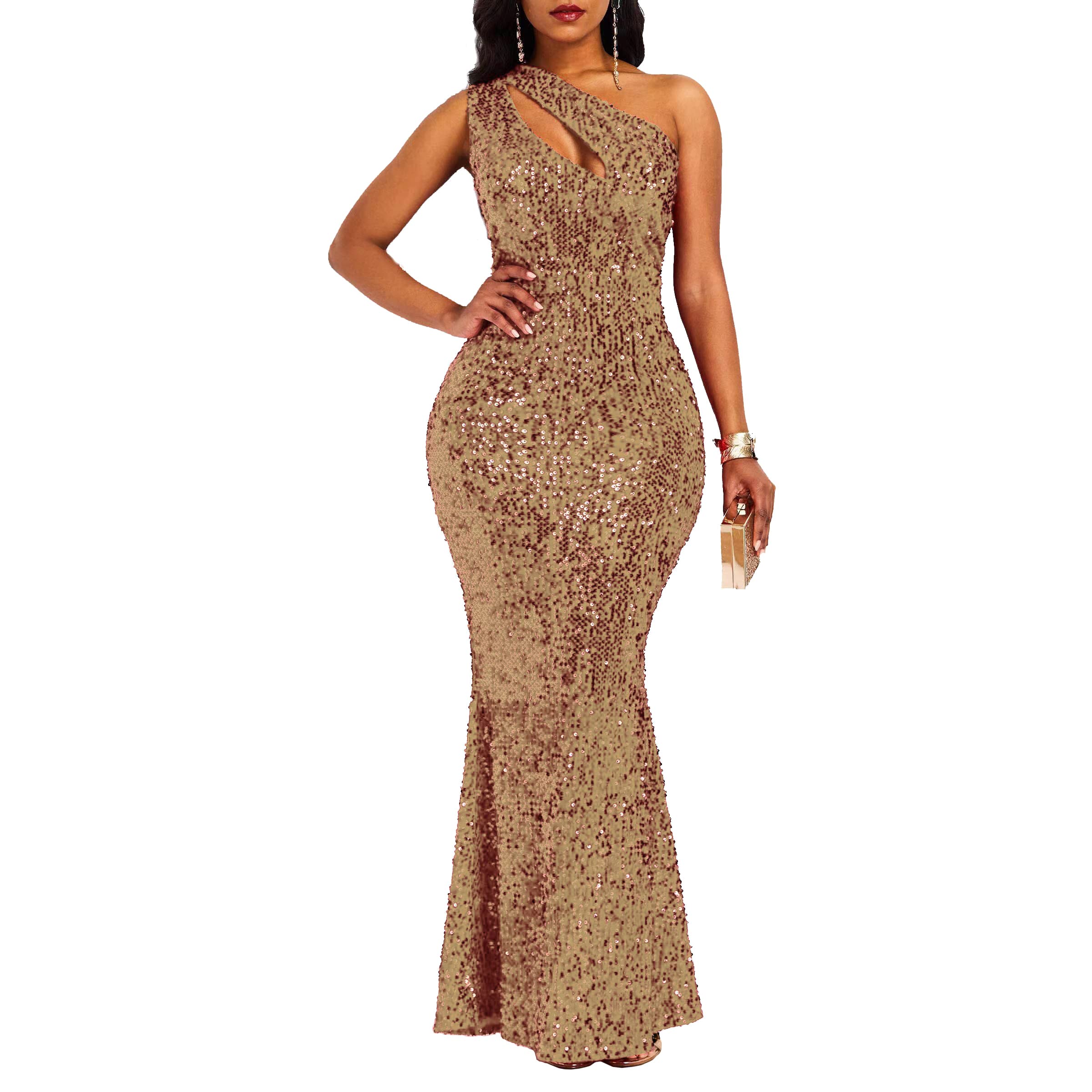 Photo 1 of VERWIN Sequins Fashion Sleeveless Oblique Collar Mermaid Women's Maxi Dress Bodycon Dress Party Dress Camel XL
