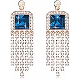 EVEVIC Austrian Crystal Tassel Chandelier Dangle Drop Earrings for Women Square Dangling Earring 14K Gold Plated Hypoallergenic Prom Jewelry Gifts