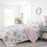Laura Ashley - Queen Quilt Set, Soft Cotton Bedding with Reversible Design, Lightweight Bedding for Year Round Comfort, 3 Piece Bed Set with Matching Pillowcases (Honeysuckle Pink)