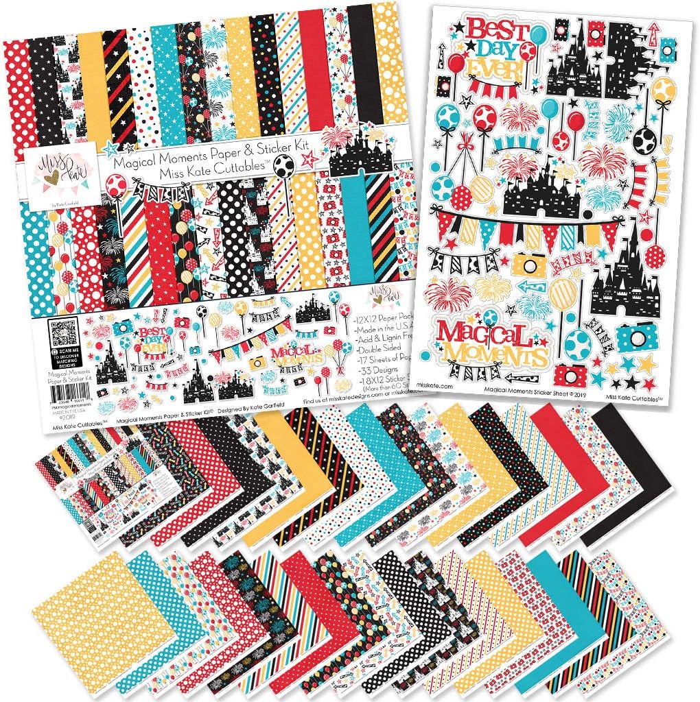 Paper & Sticker Kit - Magical Moments for Disney - 17 Double-Sided 12x12 Papers with 33 Designs & 1 8X12 Sticker Sheet - Scrapbooking Card Making Crafting - by Miss Kate Cuttables
