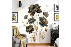 decalmile Large Black Gold Flower Wall Stickers Floral Gold Leaves Plants Butterfly Wall Decals Bedroom Living Room Sofa TV B