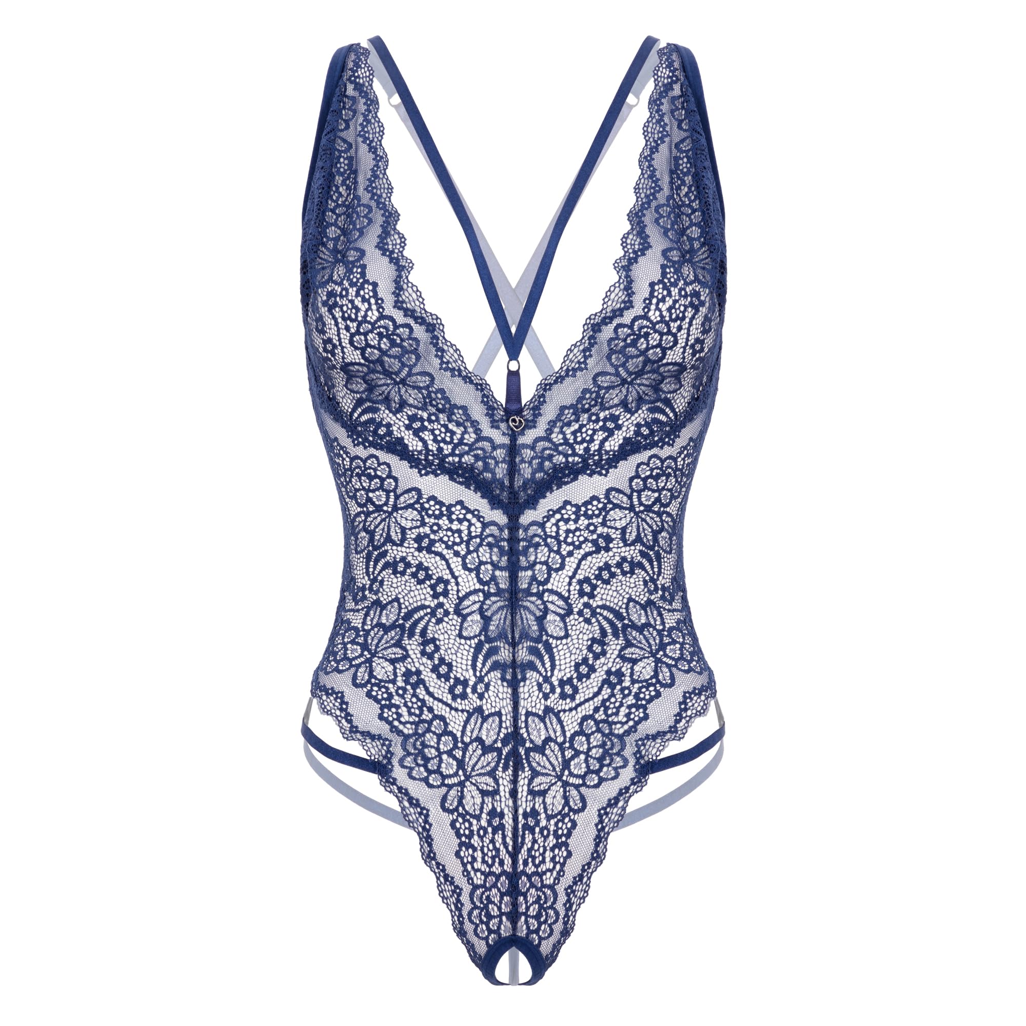 Lovehoney Lingerie Late Night Liaison Bodysuit for Women - G-String and Crotchless Bodysuit with Patterned Lace Detail & Adjustable Straps - One Size: 8-16 - Blue