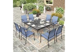 HERA'S HOUSE 9 Pieces Patio Dining Sets, 8 x Blue Textilene Dining Chair, 60" Square Metal Dining Table with 1.57" Umbrella Hole, Outdoor Table and Chairs Set for Lawn Garden Backyard Deck