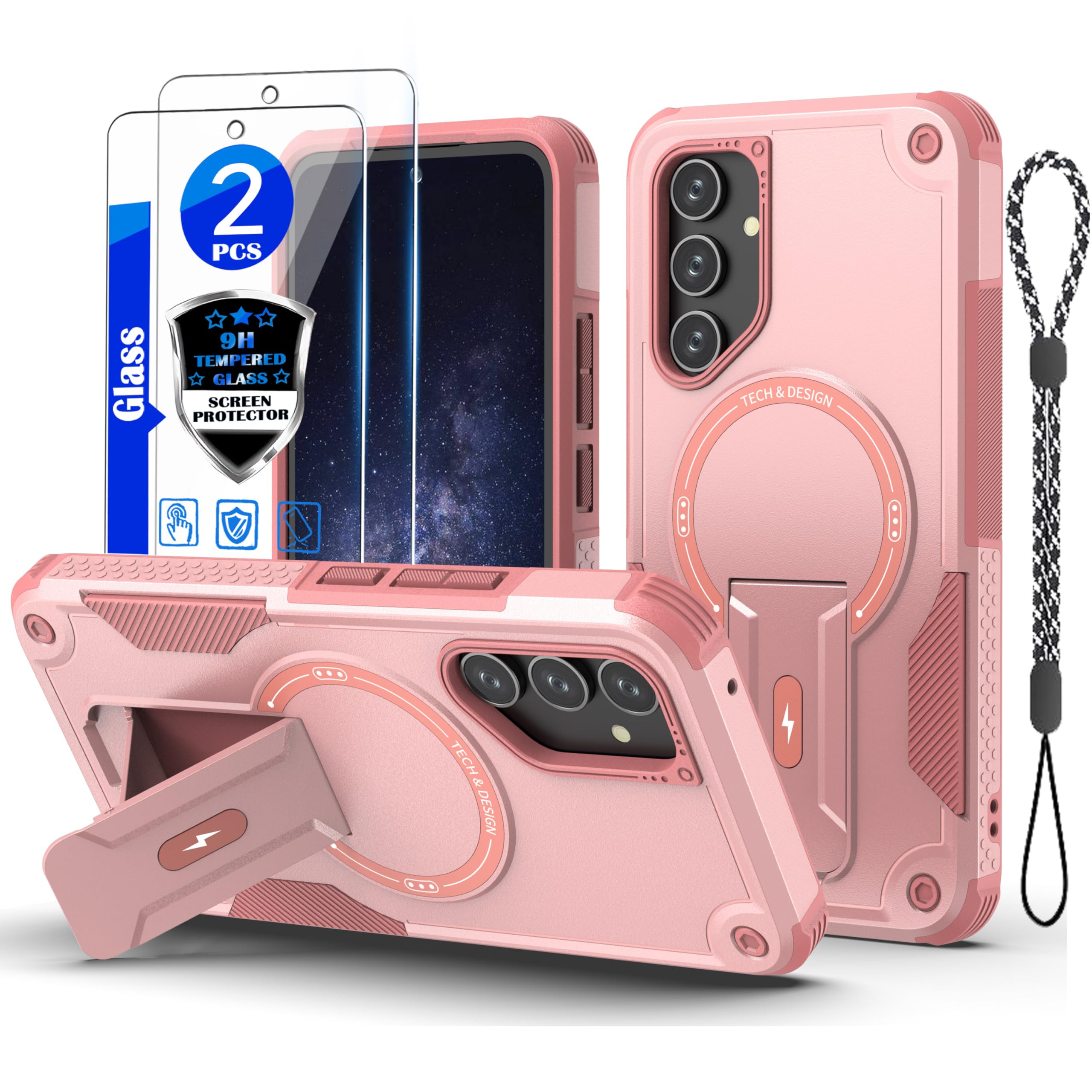GuardCase for Samsung Galaxy A35 5G case[Compatible with MagSafe][with 2 * 9H Tempered Glass Screen Protector], Built in Invisible Stand, Not Fading，Shockproof Protective Phone Cover 6.6-inch(Pink)