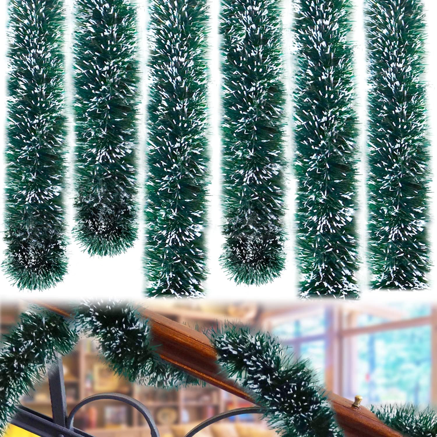 Wreaths, Garlands & Swags - 50 Feet Garland for Christmas Decorations,Green Snowy Garland,Artificial Christmas Pine Streamers for Party Hanging Ceiling Decorations