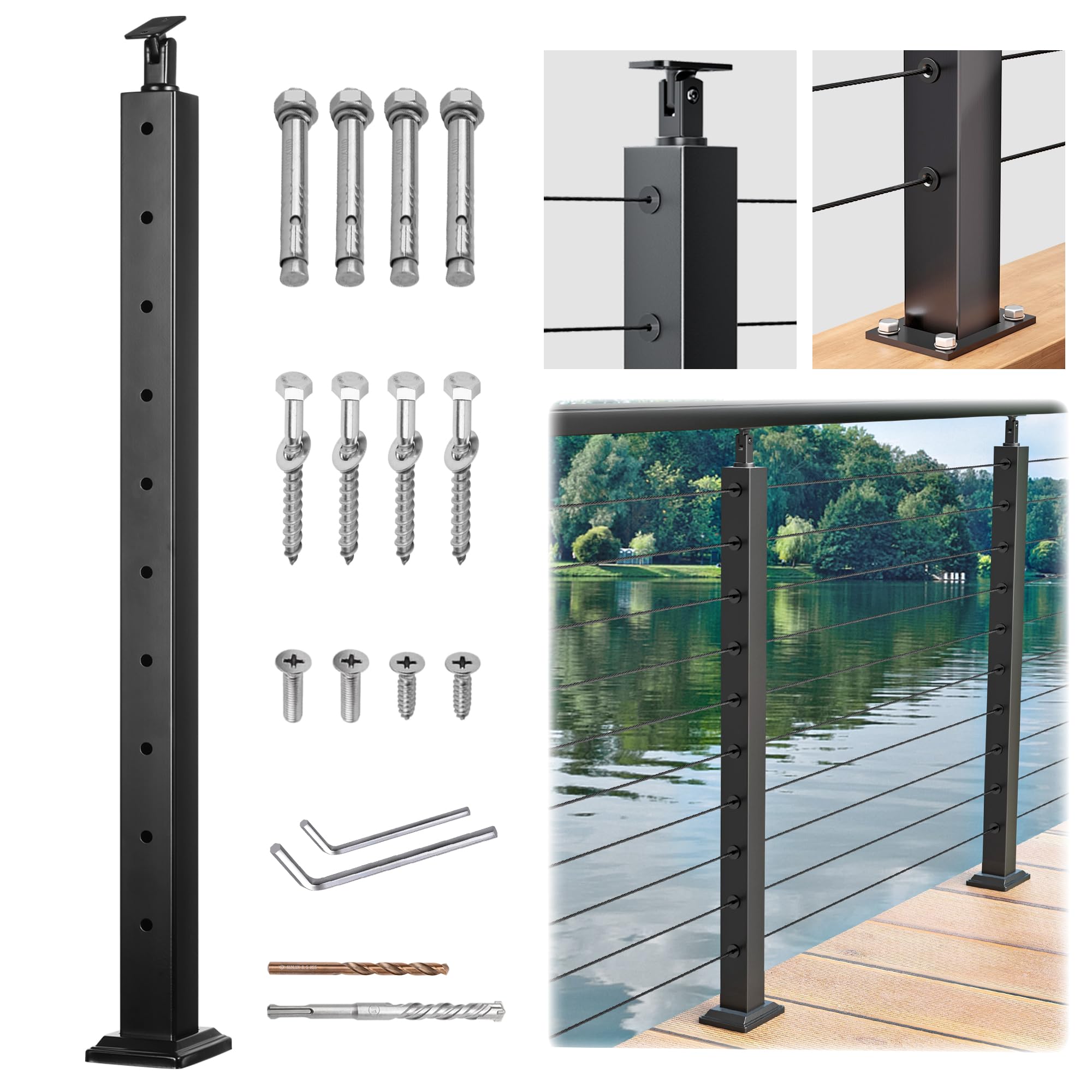 Photo 1 of Fulifix Level Cable Railing Post 36" (Post 35"x2"x2"), Pre-Drilled Adjustable Top, Black T316 Stainless Steel Post for Deck Railing System, SP01