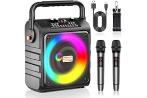 Zayeemi Karaoke Machine with 2 Wireless Microphones, Portable Karaoke System for Adults and Kids, PA System, LED Lights for Party, Karaoke Speaker Supports FM, TF Card, USB, AUX in, TWS, REC.