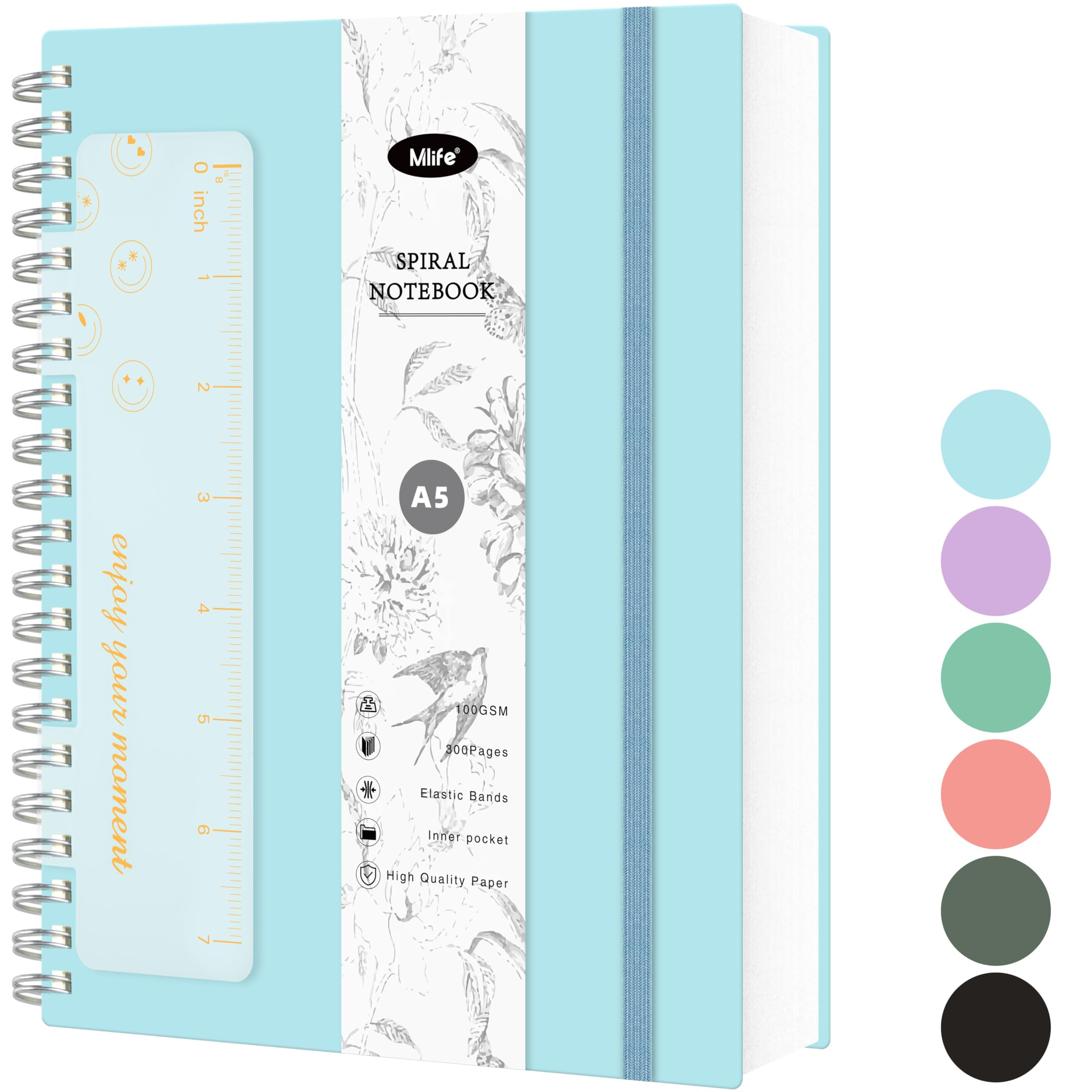 Mlife Notebook A5 Dotted,Bullet Dot Journal,300Page Spiral Notebook,100g/M² Ink-Resistant Paper,PVC Hardcover，with Ruler,Expandable Pockets,Elasticated Ribbon,14.5 * 21cm(Blue)