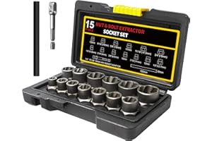 Yalblee 15Pcs Bolt Extractor Socket Set, Heavy-Duty Nut Socket Set, 3/8" Drive Impact Stripped Bolt Remover & Locking Lug Nut Tool for Damaged/Frozen/Rusted Bolts, Nuts & Screws, Storage Case Included