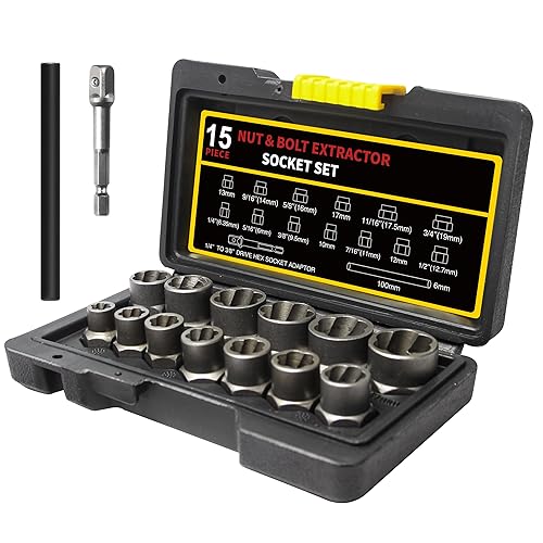 Yalblee 15Pcs Bolt Extractor Socket Set, Heavy-Duty Nut Socket Set, 3/8" Drive Impact Stripped Bolt Remover & Locking Lug Nut Tool for Damaged/Frozen/Rusted Bolts, Nuts & Screws, Storage Case Included
