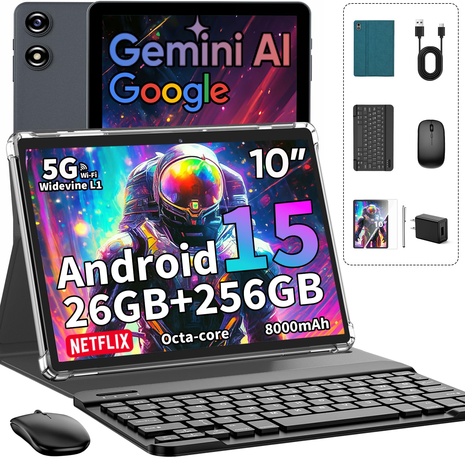Photo 1 of 2026 Android 15 Tablet with Keyboard, 26GB+256GB+2TB Expand, 10 Inch Tablet PC with Gemini AI, Octa-Core, 8000mAh, 5G WiFi, Widevine L1, GPS, GMS, 2 in 1 Tablets with Case, Mouse, Stylus (Green Case)