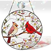 7.8" Cardinal Bird Suncatcher Stained Glass Red Birds Cardinals Sun Catchers Indoor Window Stained Glass Suncatcher Cardinal Gifts for Women Mom Grandma Nature Bird Lover Gifts Window Hanging Decor