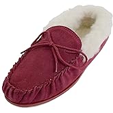 SNUGRUGS Womens Dark Brown Wool Lined Moccasin Slippers with Rubber Sole.