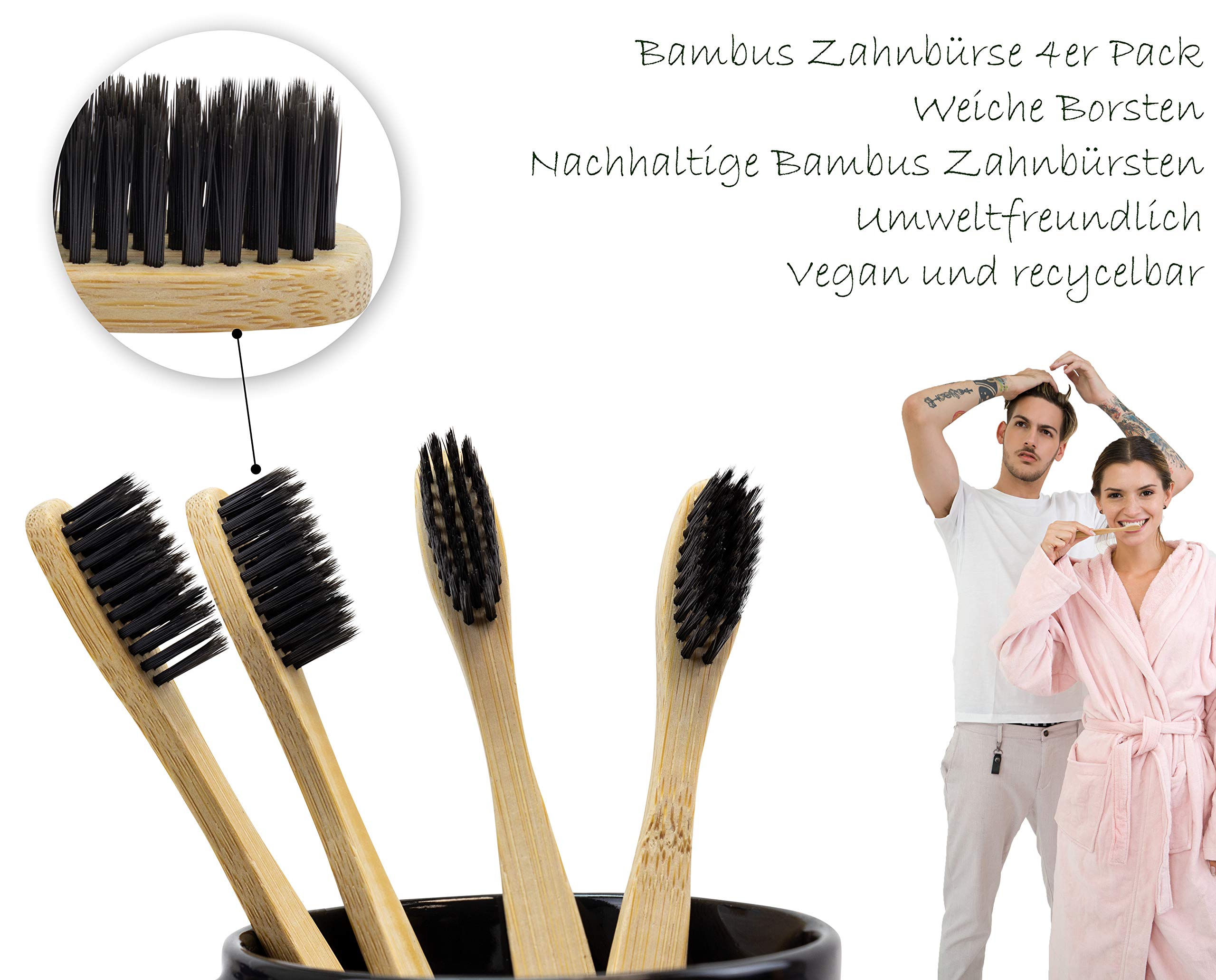 Bambus Zahnbürsten 4 Stück I Nachhaltige & Vegane Holzzahnbürste I weiche Borsten I 4er Pack natürliche Öko Zahnbürste 100% frei von BPA